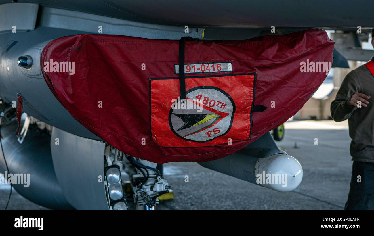 A 480th Expeditionary Fighter Squadron crew chief conducts post-flight ...