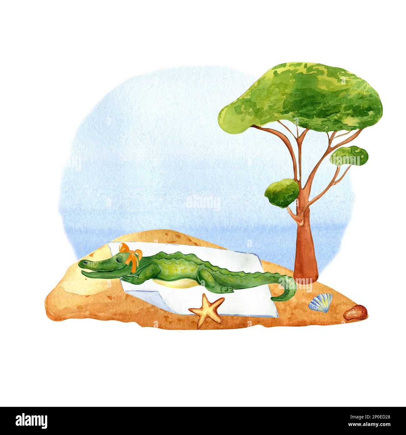 Cartoon crocodile has sunbathing on the beach watercolor illustration isolated on white. Cute summer rest, seacoast, seascape hand drawn. Design eleme Stock Photo