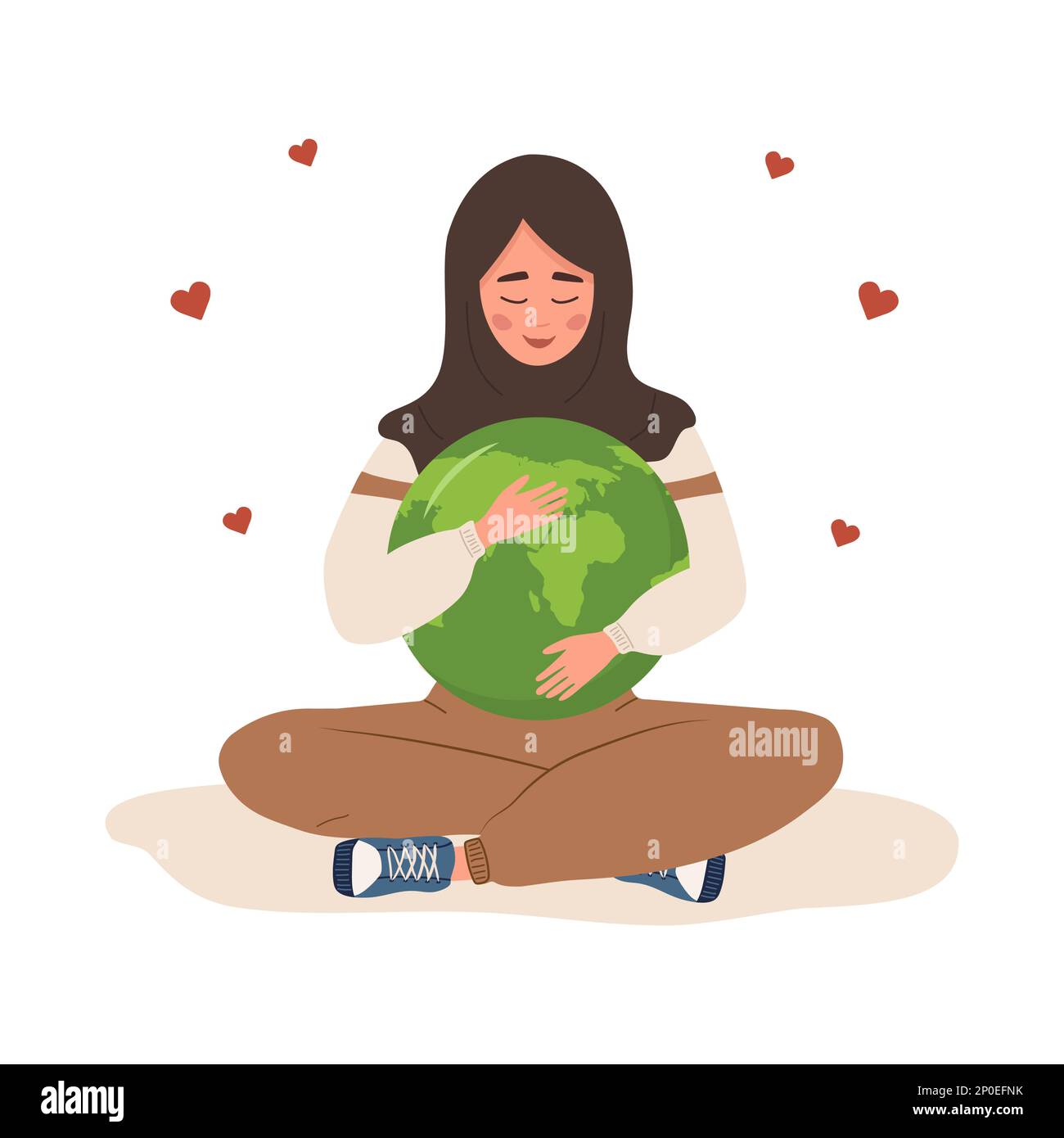 Smiling arabian woman hugs Planet Earth with care and love. Caring for ...