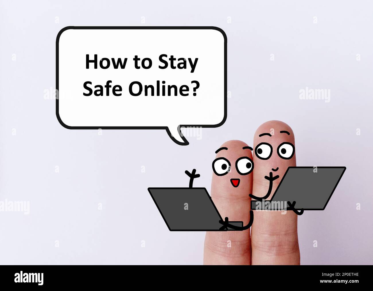 Two fingers are decorated as two person. One of them is asking another