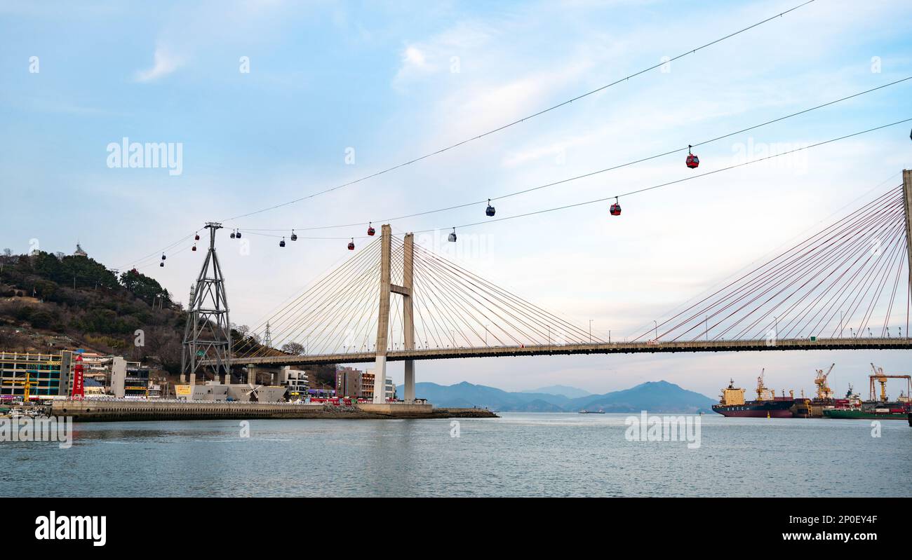 Geobukseon Bridge and Yeosu Maritime Cable Car in Yeosu, South Korea Stock Photo