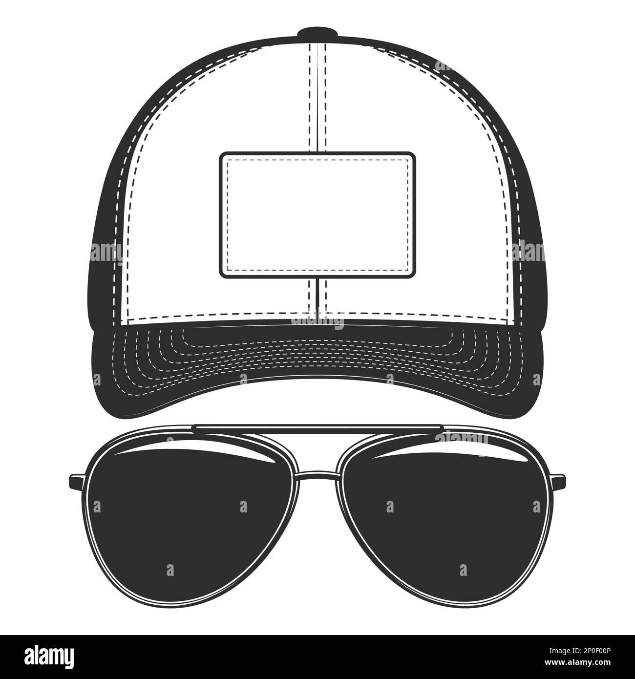 Baseball cap with sunglasses monochrome style illustration isolated on