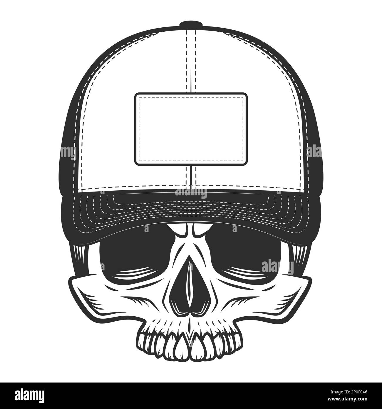 Skull Without Jaw In Baseball Cap In Vintage Monochrome Style Isolated