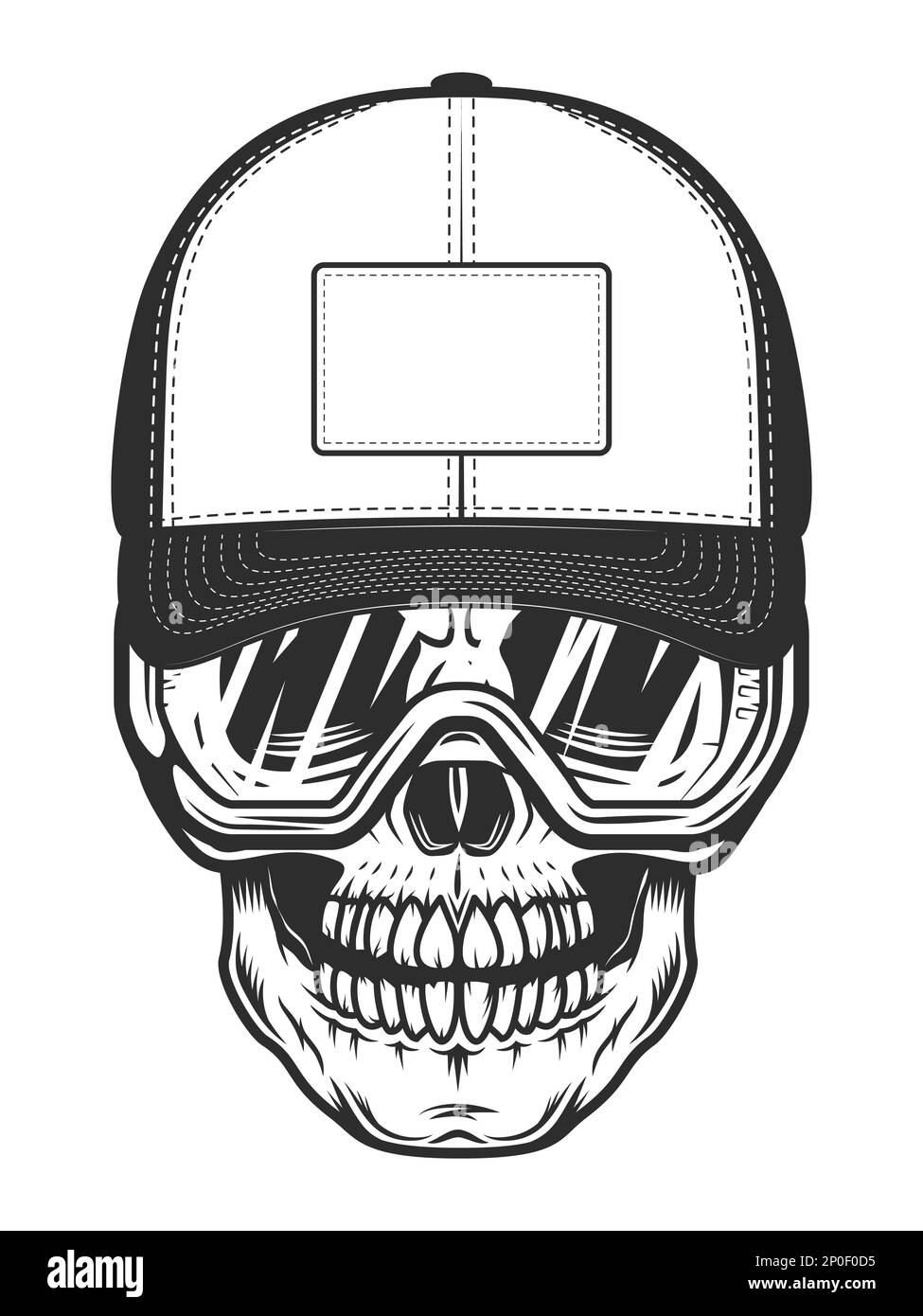 Skull in baseball cap with construction safety glasses in vintage monochrome style isolated illustration Stock Photo
