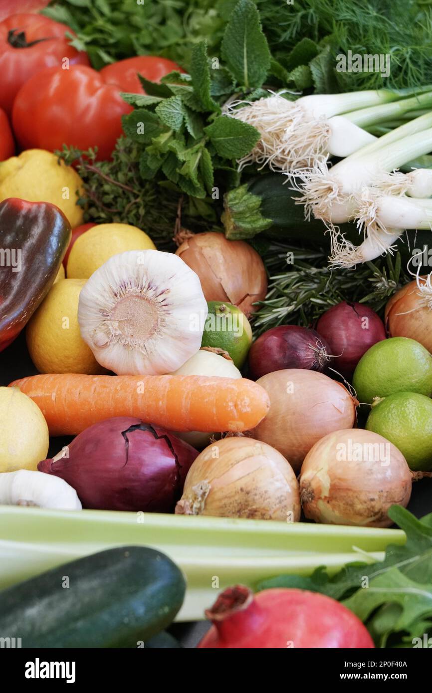 various organic fruit and vegetables with shallow depth of field Stock ...