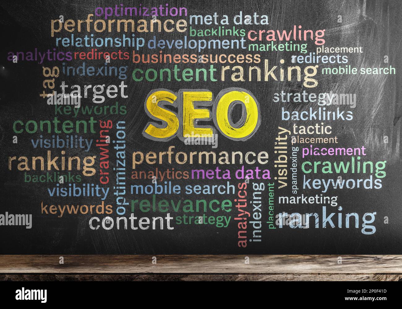 multicolored SEO search engine optimization word cloud on blackboard Stock Photo
