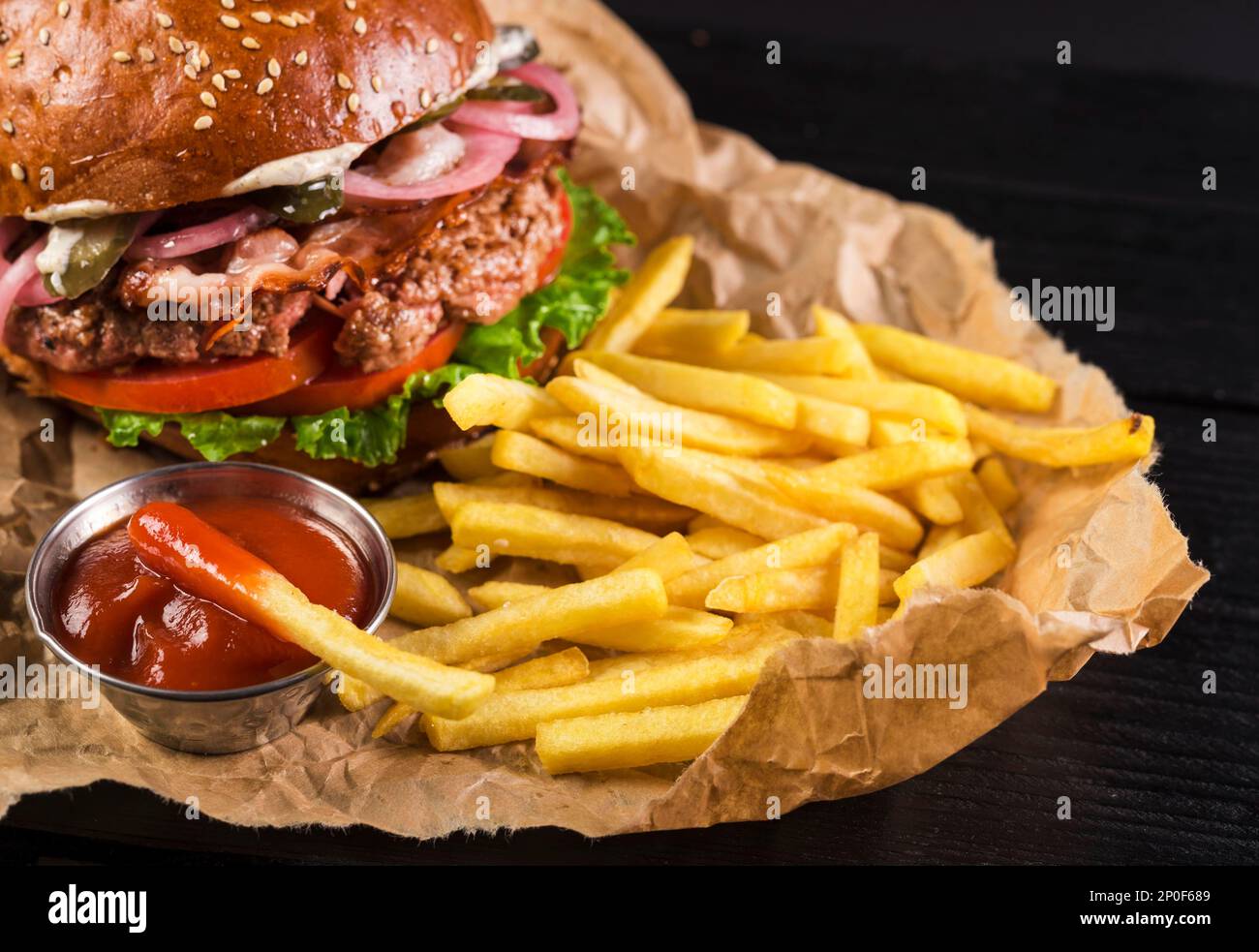 classic take away burger with fries ketchup Stock Photo