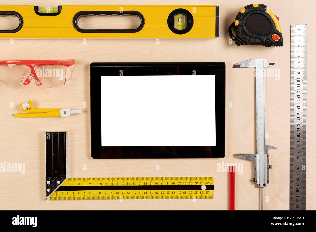 Tablet architect desk with tools mock up Stock Photo