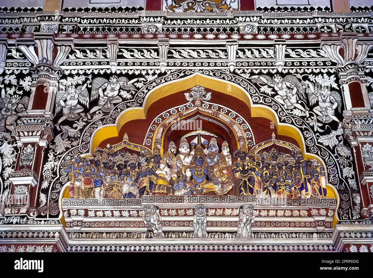 Ramayana, Ramar Pattabhishekam coronation ceremony and miniature designs delicate stucco fresco painted wall at Nayaks Darbar Hall, 400 years old Stock Photo