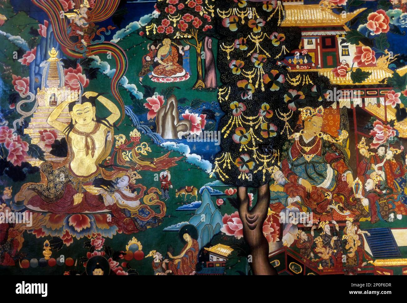 Paintings in Tibetan Buddhist Monastery at Bodhgaya, Bihar, India Stock Photo