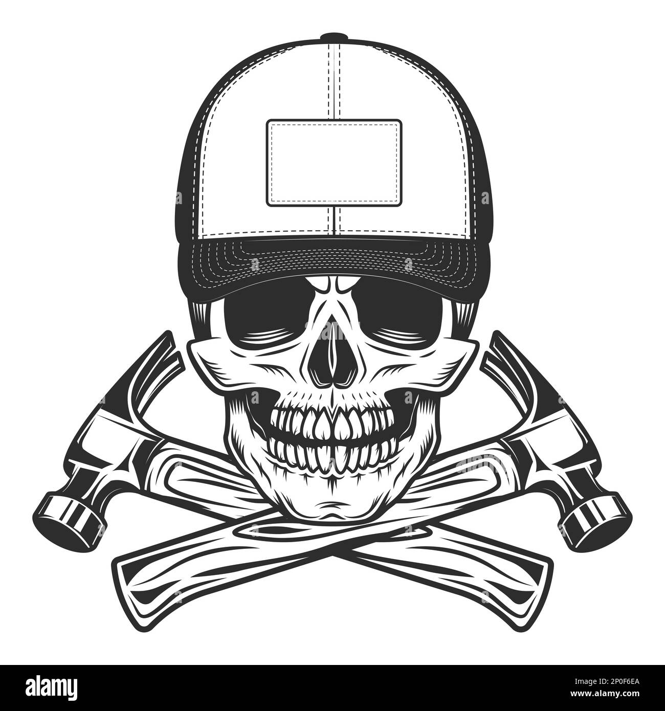 Skull in baseball cap with construction business carpenter hammer in