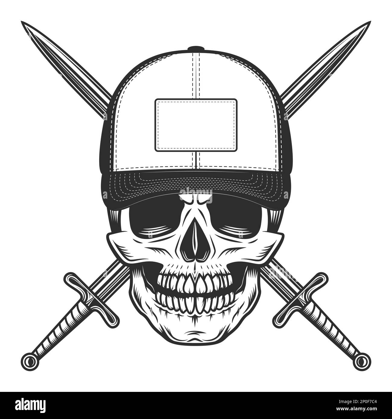 Skull in baseball cap with knight sword vintage vector illustration ...