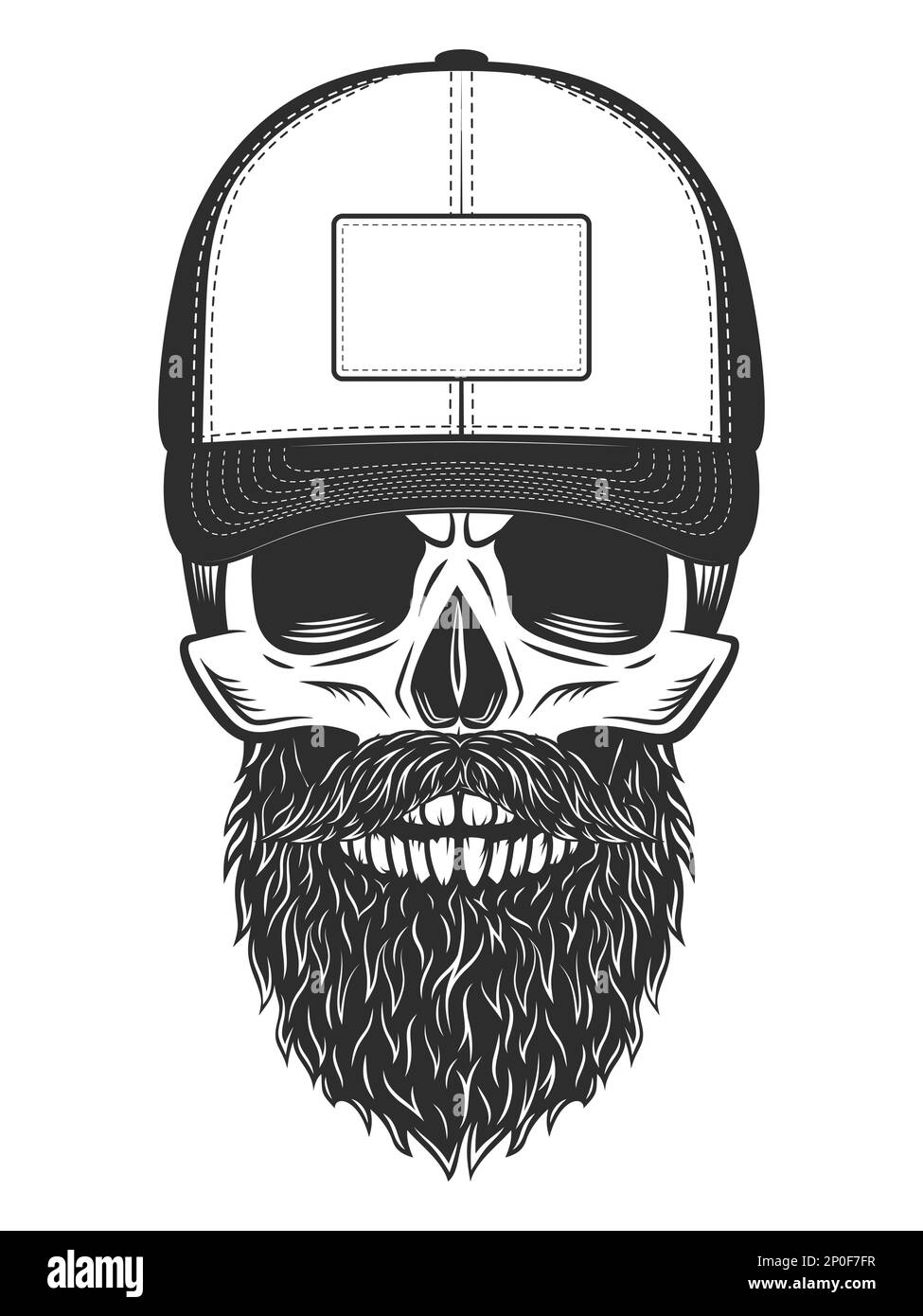 Skull in baseball cap with beard and mustache vintage monochrome