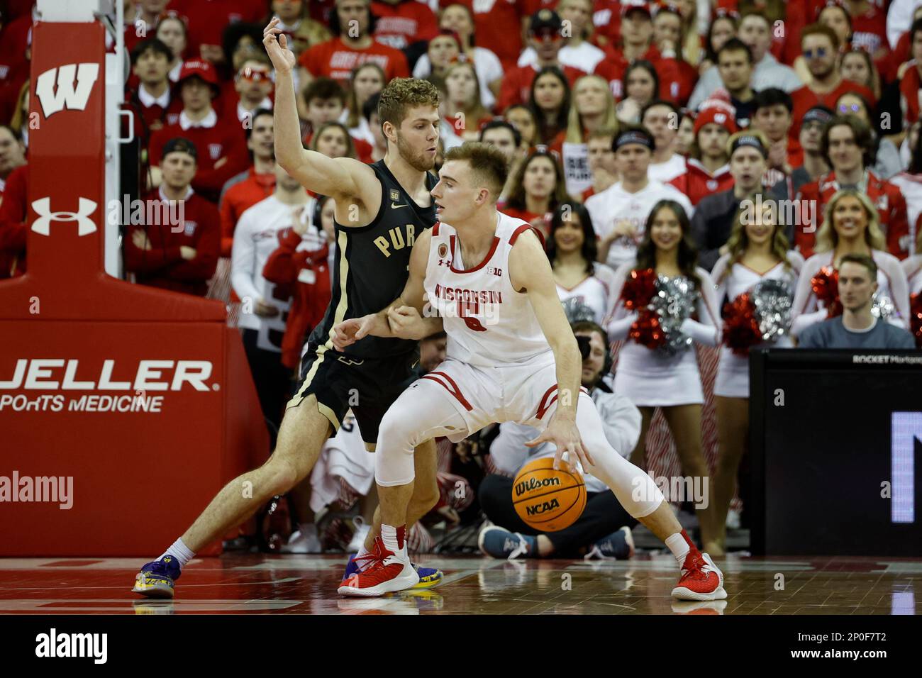 Madison, WI, USA. 2nd Mar, 2023. Wisconsin Badgers forward Tyler Wahl (5)  posts up during the NCAA basketball game between the Purdue Boilermakers  and the Wisconsin Badgers at the Kohl Center in