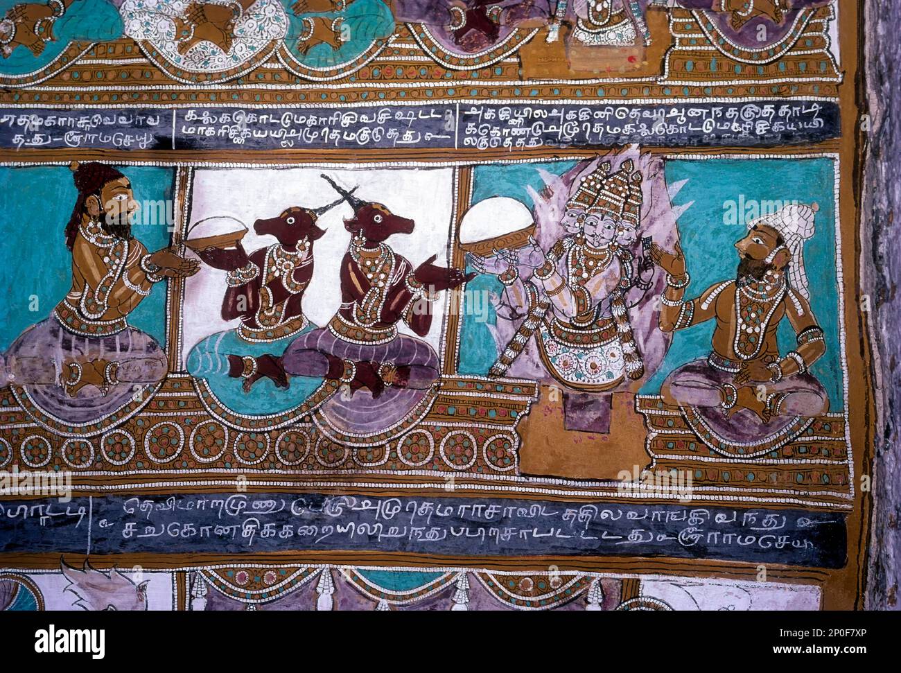 16th century Ramayana epic murals in Alagar Kovil, Alagar koyil Vasantha Mandapam ceiling near Madurai, Tamil Nadu, South India, India, Asia. Rishya Stock Photo