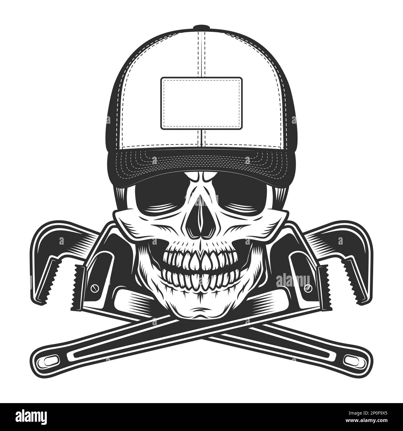 Skull in baseball cap and crossed construction pipe wrenches in vintage