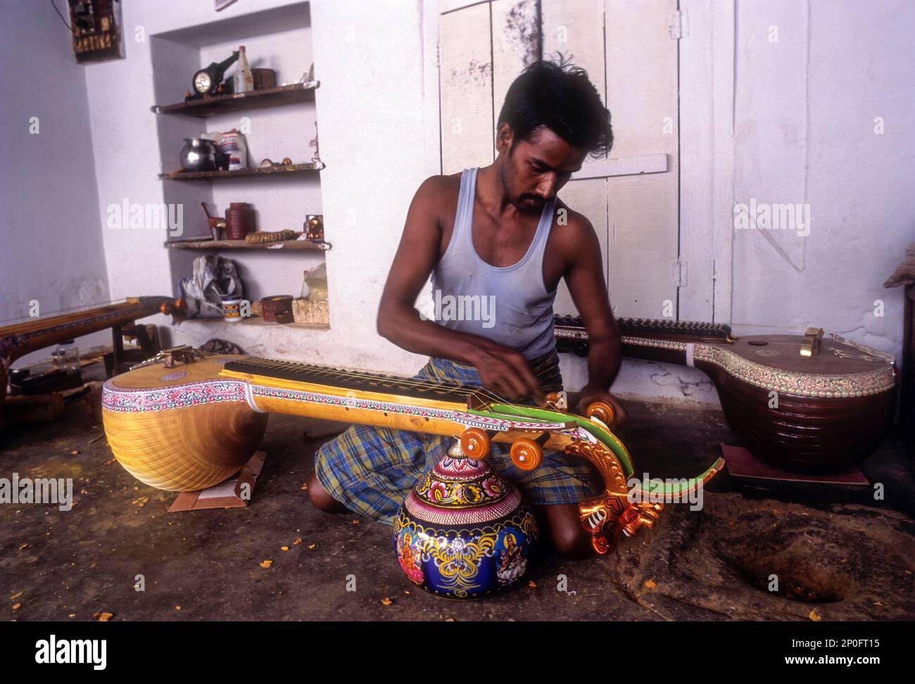 Veena making at Thanjavur, Tanjore, Tamil Nadu, India. The veena is India's national instrument and one of our most ancient ones. Veenas are always Stock Photo