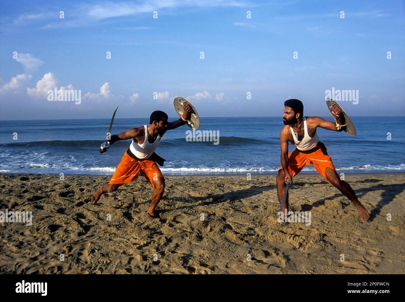 Kalaripayattu, Ancient martial art of kerala, India (Sword & Shield) . Stock Photo