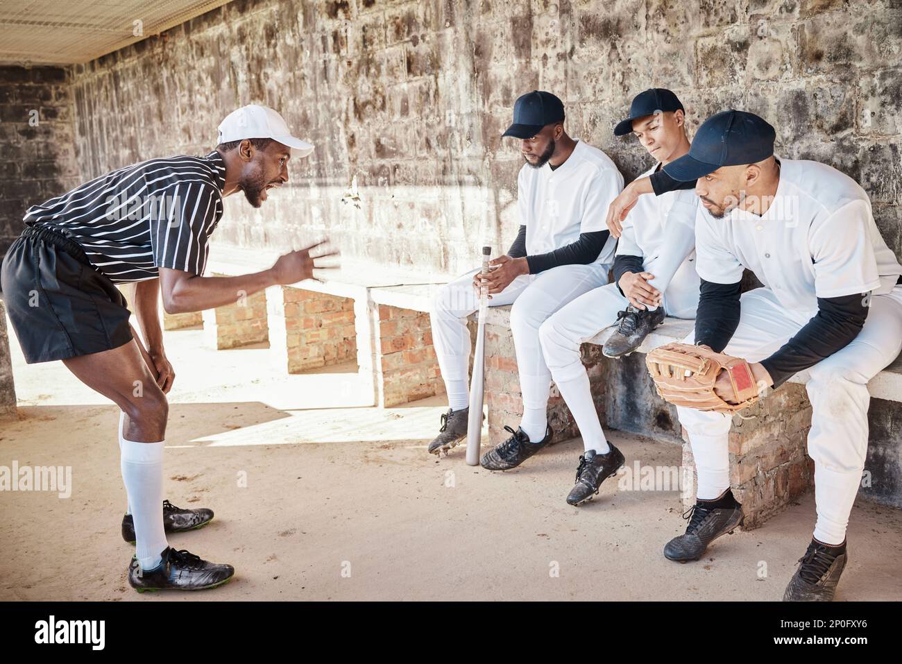 Dugout Raining Sports, baseball and coaching with people in dugout for strategy ...