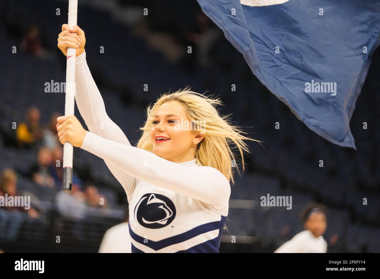 Minneapolis, Minnesota, USA. 1st Mar, 2023. A Penn State Nittany Lions cheerleader at Penn St. against Minnesota on Wednesday March 1st at the 2023 Big Ten Women's Basketball Tournament in Minneapolis, Minnesota. Penn State won with a score of 72-67. (Credit Image: © Steven Garcia/ZUMA Press Wire) EDITORIAL USAGE ONLY! Not for Commercial USAGE! Stock Photo