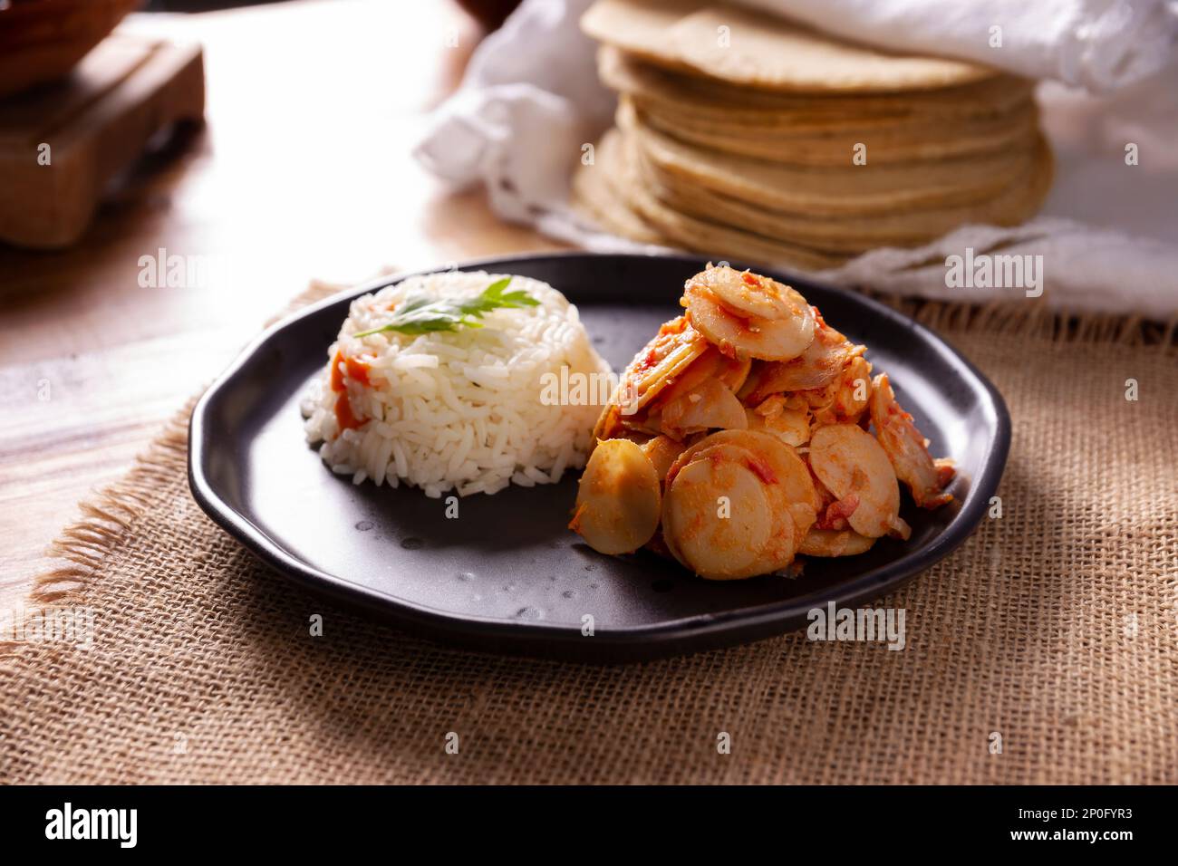 Papas a la mexicana. Easy homemade recipe, The term “a la Mexicana” is used widely in Mexican cuisine to refer to dishes made using the three basic in Stock Photo