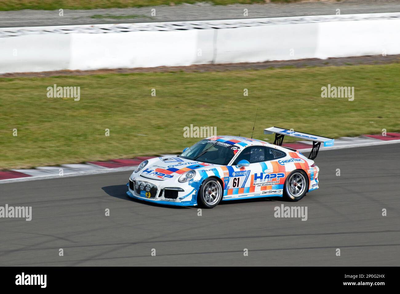 Porsche 911 GT3 Cup, 24h Nuerburgring race track, 24-hour race, race track, track, curve, skid, drift, classic car, race car, racing car, Eifel Stock Photo