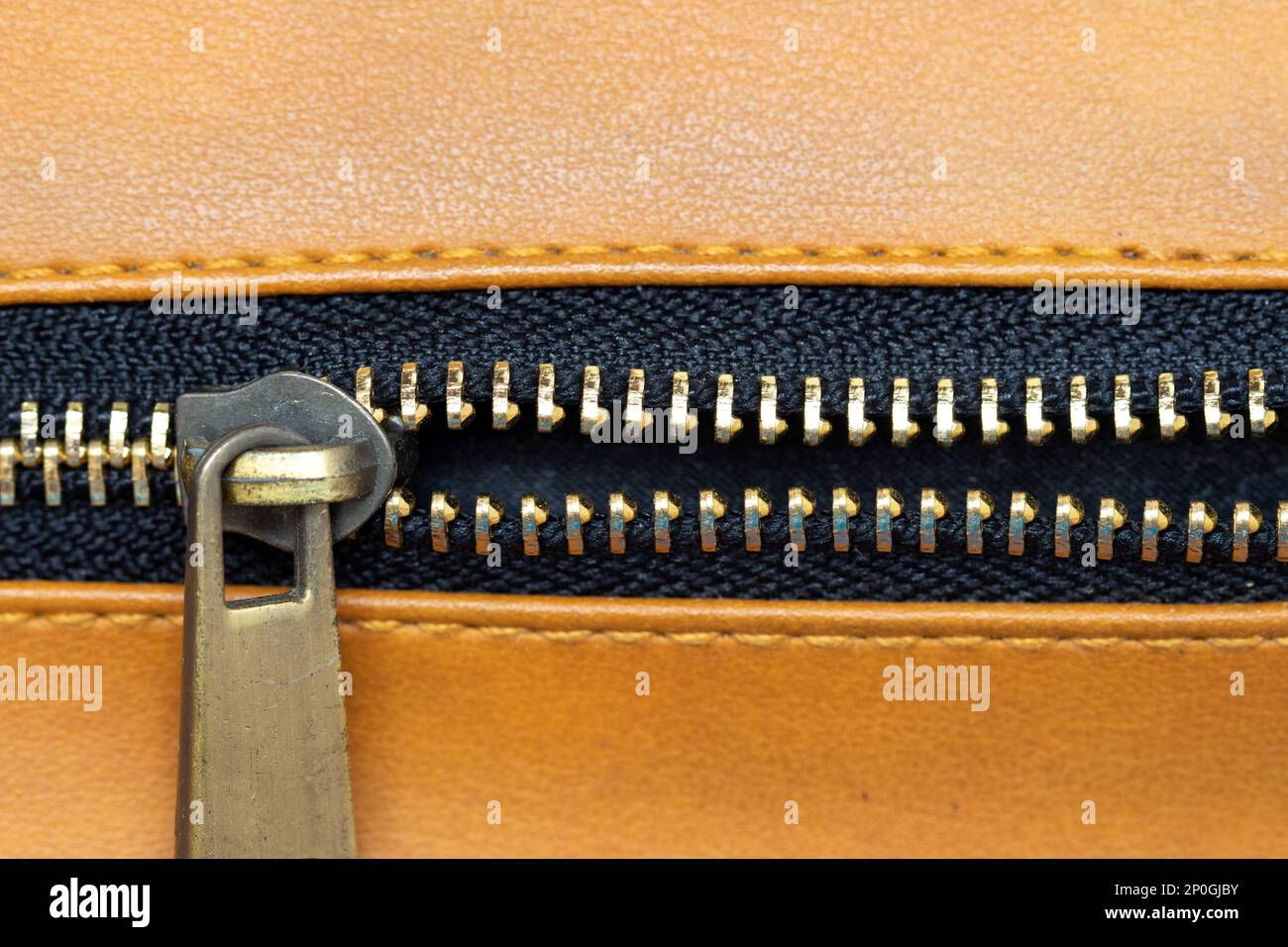 close-up brown leather texture with open zipper Stock Photo