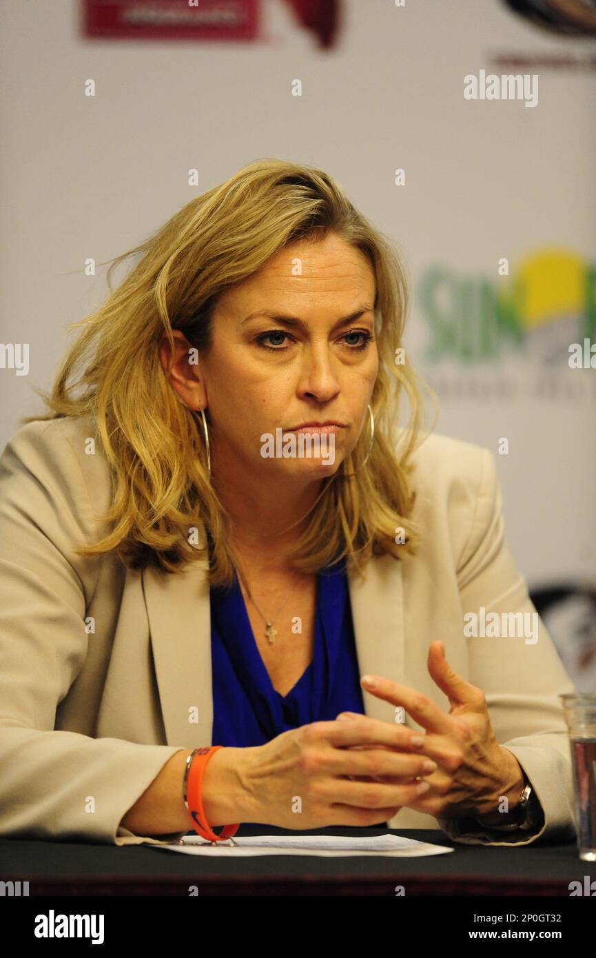 TALLAHASSEE, FL - DECEMBER 08: Amanda Butler head coach University of  Florida Gators addresses the media during a post-game interview to comments  on the women's basketball 58-83 loss to Florida State University (