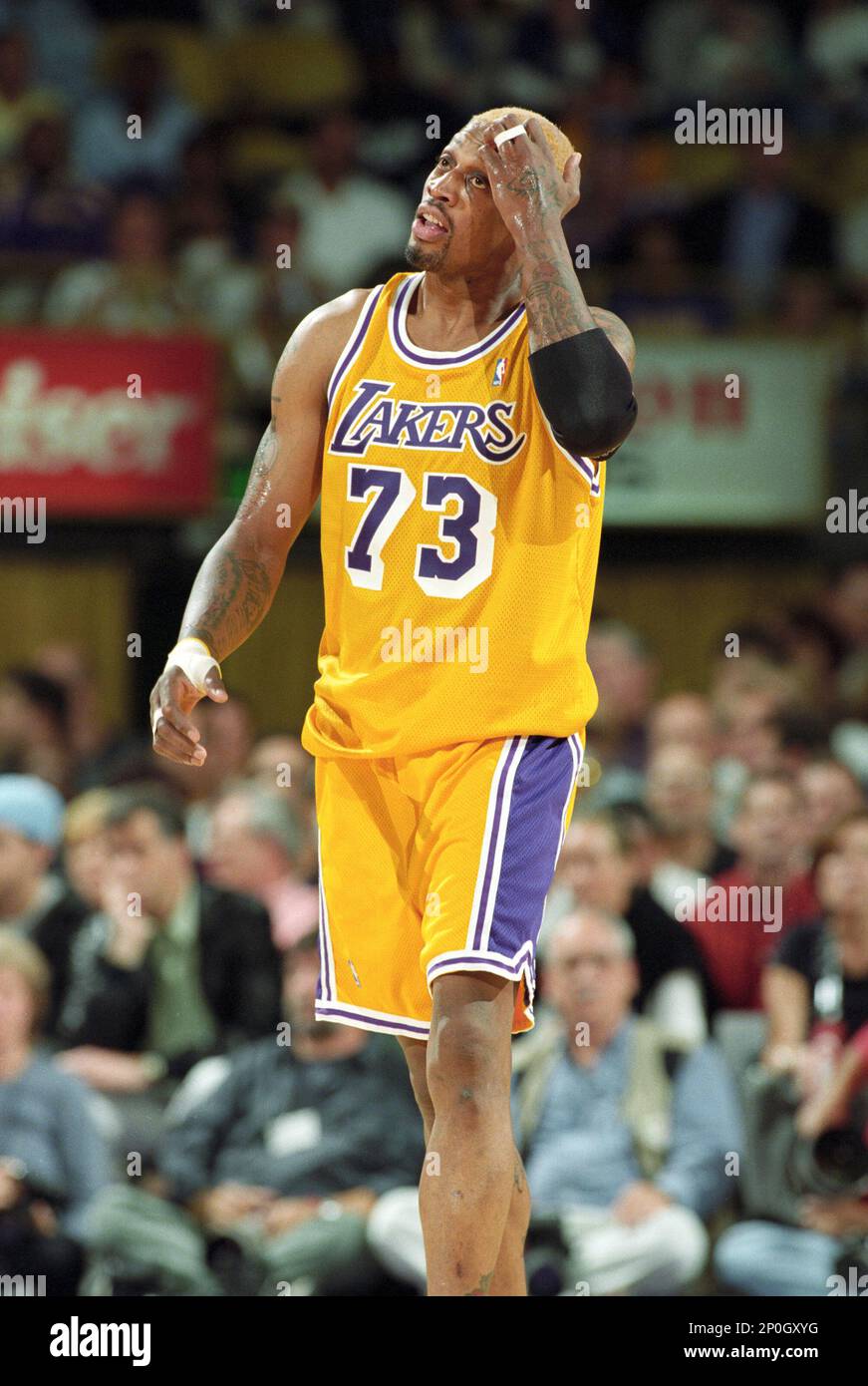 FILE: Dennis Rodman of the Los Angeles Lakers during a National Basketball  Association game at the Staples Center in Los Angeles, CA. (Photo by Matt  A. Brown/Icon Sportswire) (Icon Sportswire via AP