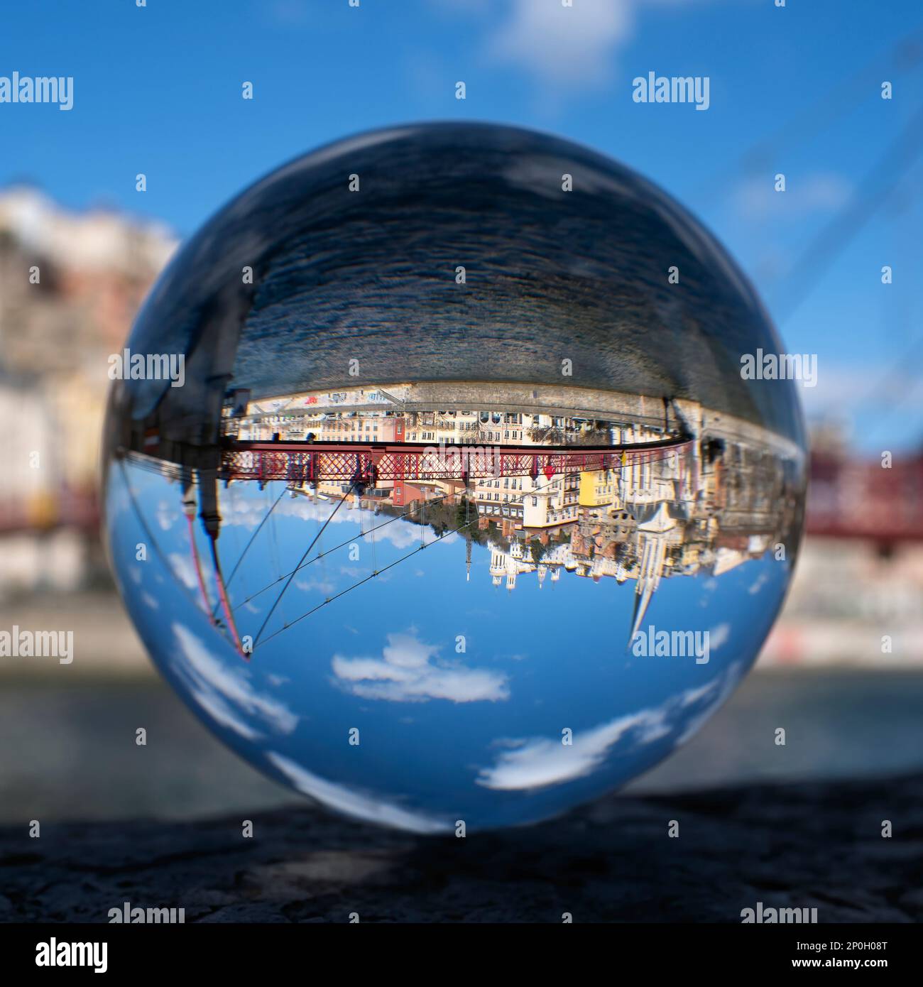 Famous view of Lyon through crystal ball, France Stock Photo