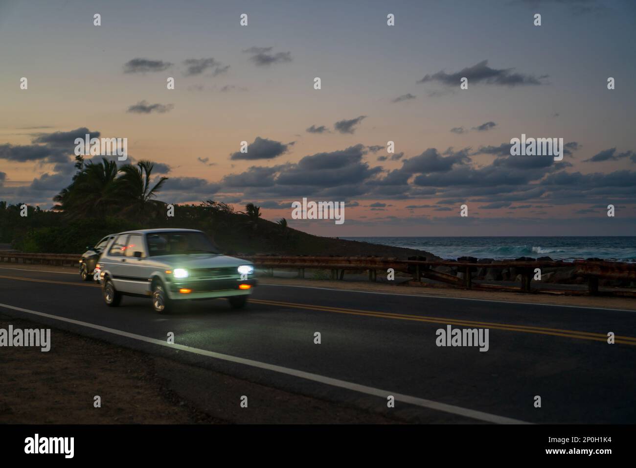 Running car in motion at sunset in Loiza beach in Puerto Rico Stock ...