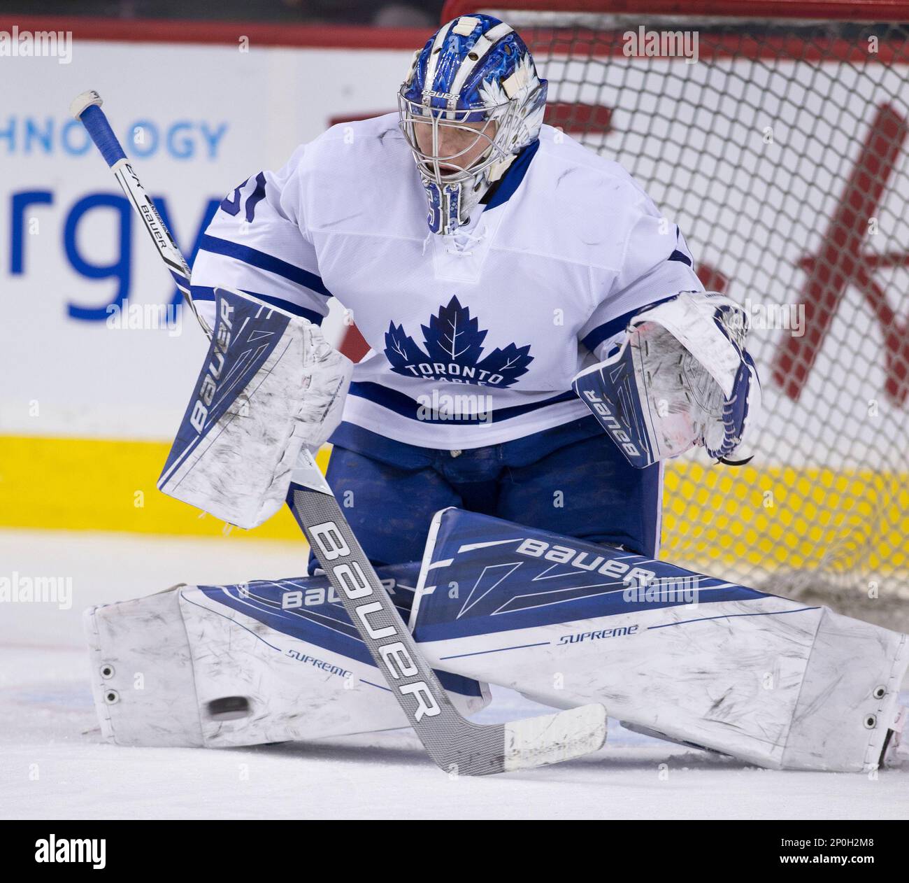 NHL profile photo on Toronto Maple Leafs goalie Frederik Andersen, from  Denmark, during a game against the Calgary Flames in Calgary, Ab. on  Monday, March 4, 2019. (Larry MacDougal via AP Stock