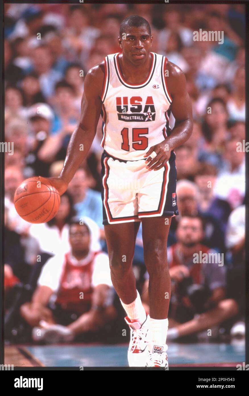 1992: Magic Johnson of Team USA, the Dream Team, dribbles the ball during  the men's basketball competition at the 1992 Summer Olympics in Barcelona,  Spain. (Photo by Icon Sportswire) (Icon Sportswire via