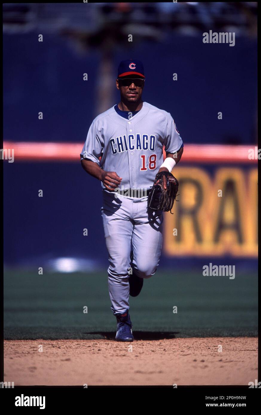 Moises Alou of the Chicago Cubs before a 2002 MLB season game against the  San Diego Padres at Qualcomm Stadium, in San Diego, California. (Larry  Goren/Four Seam Images via AP Images Stock