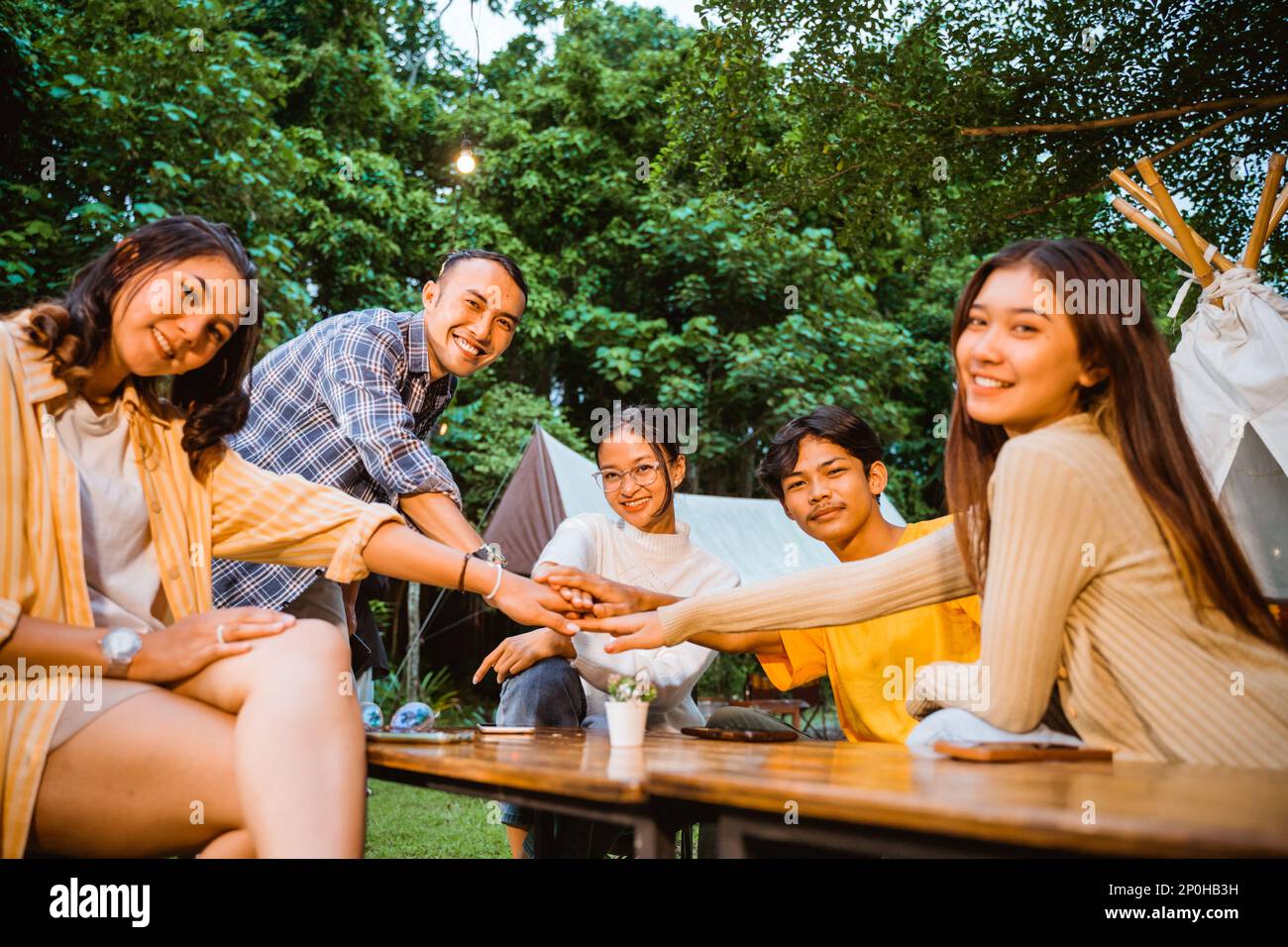 a group of people high fived happily Stock Photo - Alamy