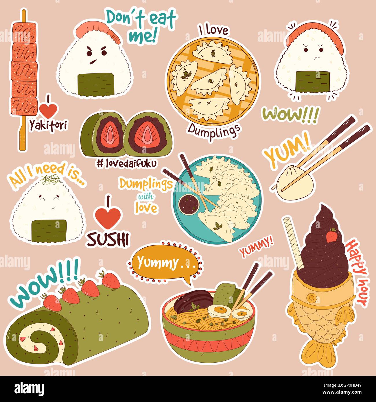 Traditional Japanese food stikers. Asian yakitori skewers, ramen ...