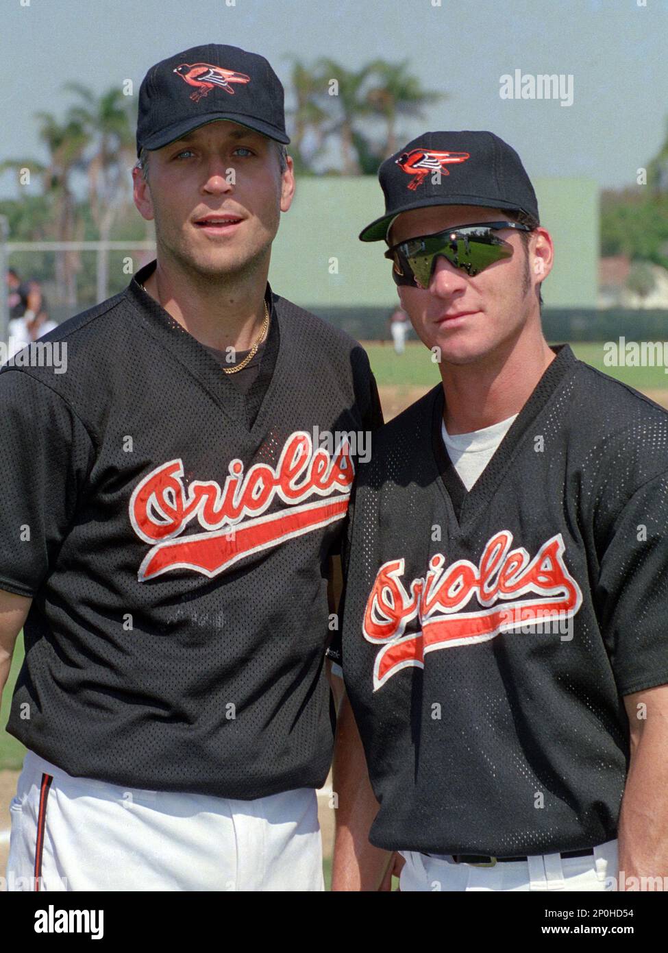 FILE: Baltimore Orioles stars Cal Ripken Jr. and Brady Anderson before a  spring training game against the Tampa Bay Devil Rays at Huggins/Stengel  Baseball Complex in St. Petersburg, Florida. (Photo by Cliff