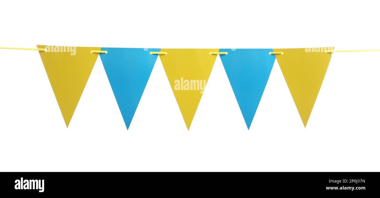 Triangular bunting flags on white background. Festive decor Stock Photo ...