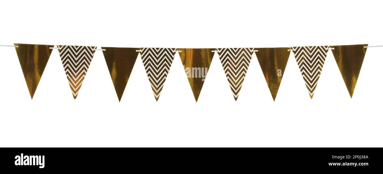 Triangular bunting flags on white background. Festive decor Stock Photo ...