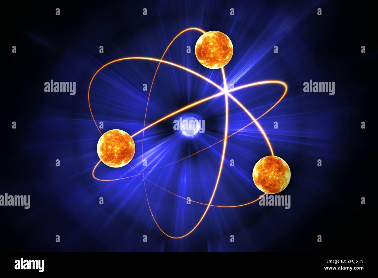 Atom model, nuclear science symbol. Three electrons rotate in orbits around atomic nucleus. 3D illustration Stock Photo