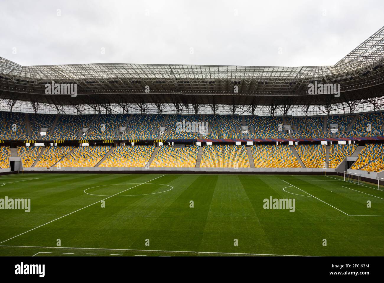 Soccer football field stadium and stadium seats Stock Photo Alamy