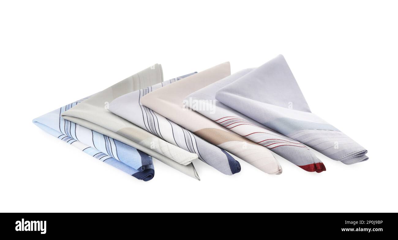 Folded handkerchiefs on white background. Stylish accessory Stock Photo