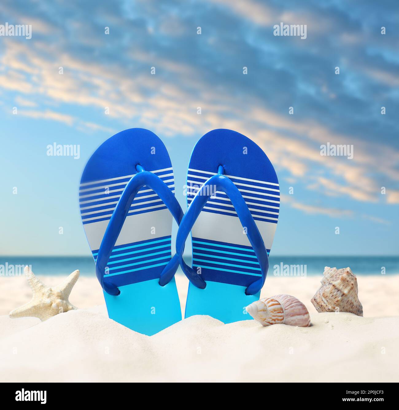 Striped flip flops, starfish and sea shells on sandy beach Stock Photo ...