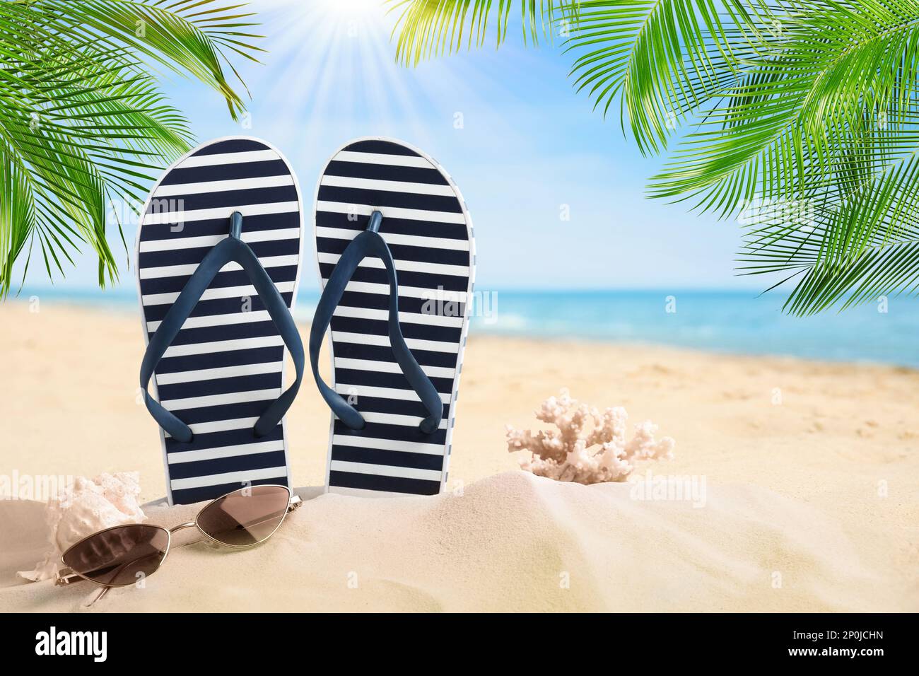 Striped flip flops, coral, sea shell and sunglasses on sandy beach ...