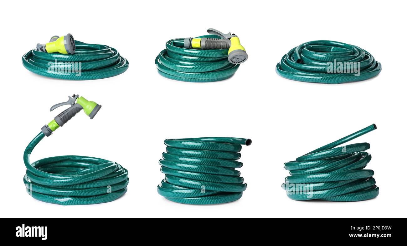Set with green rubber watering hoses on white background Stock Photo