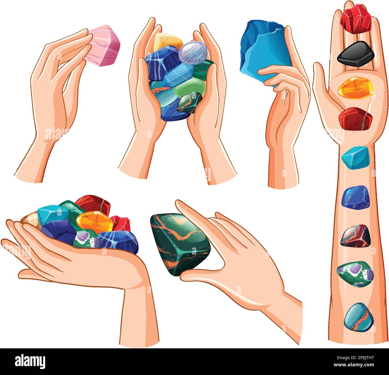 Set of human hands with healing crystals illustration Stock Vector