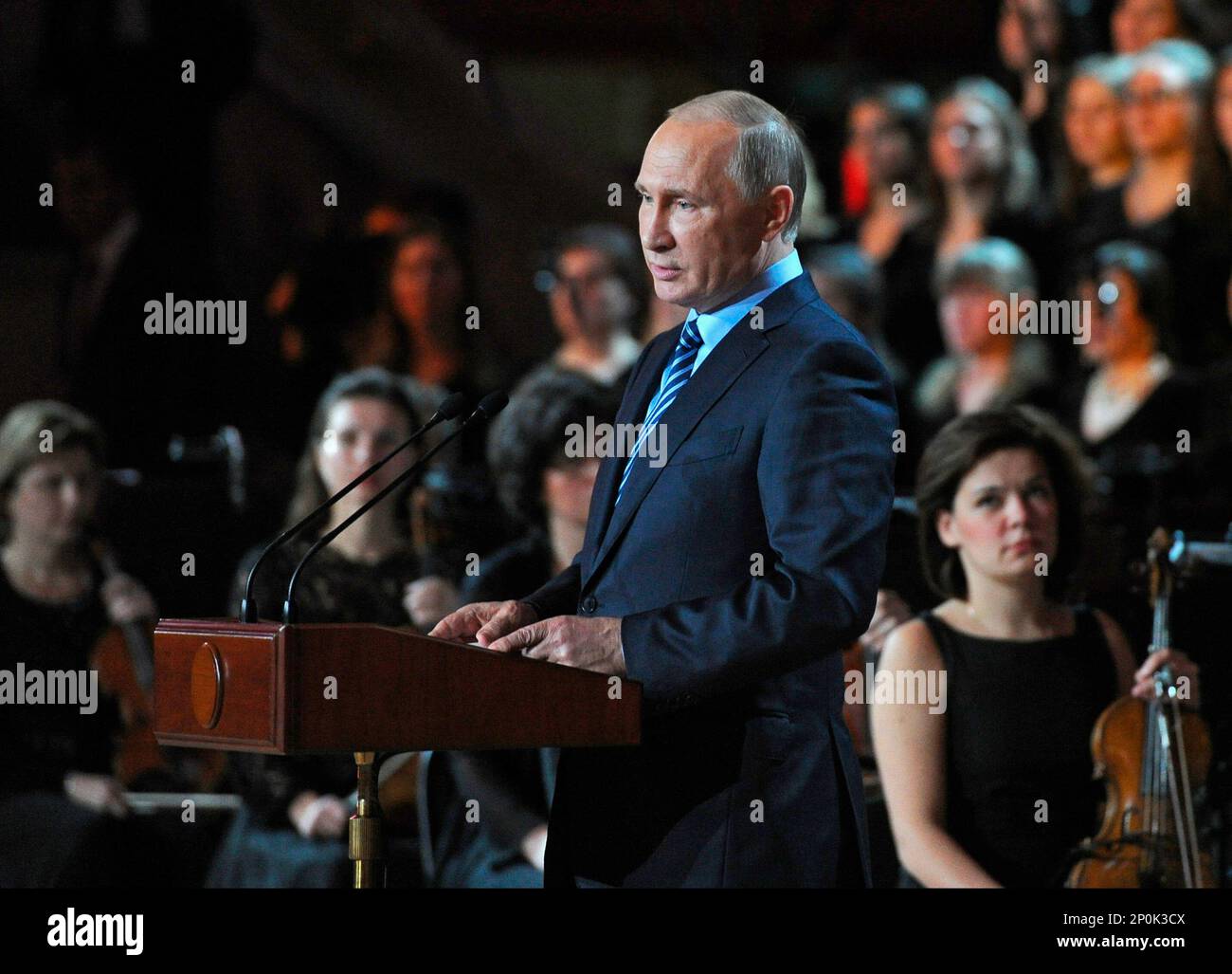 Putin Concert Russian President Vladimir Putin speaks at a concert marking the 70th ...