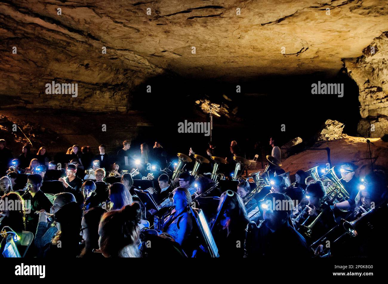 The Barren County High School band performs inside Mammoth Cave
