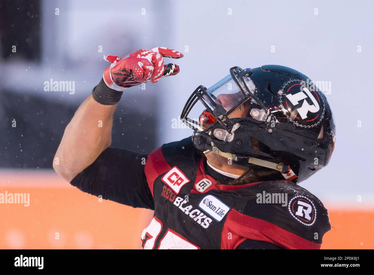 November 20, 2016: Ottawa Redblacks running back Kienan Lafrance (27)  celebrates scoring a touchdown late in the fourth quarter of the CFL  Eastern Final playoff game between Edmonton Eskimos and Ottawa Redblacks