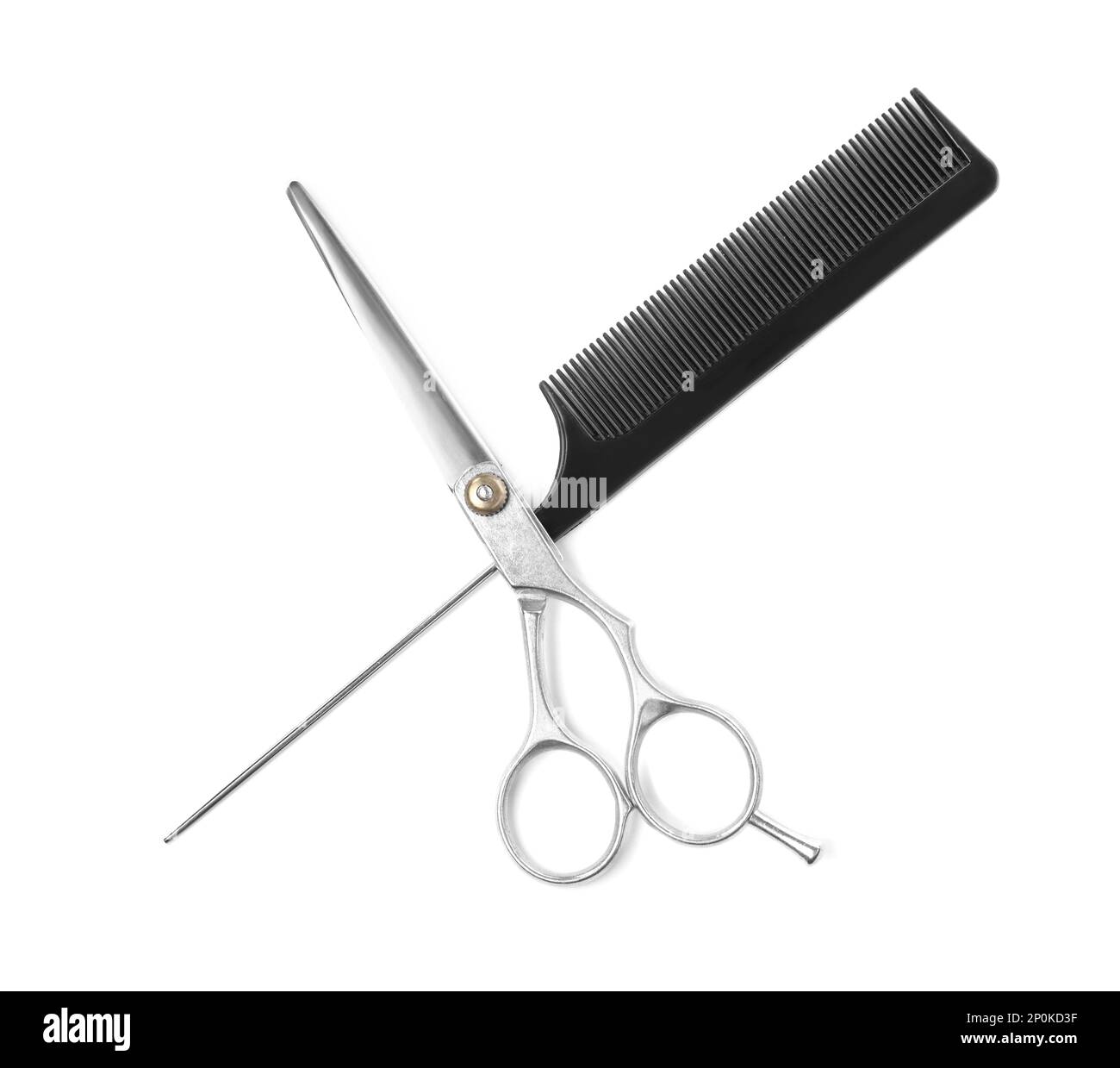 Professional hairdresser scissors and black comb isolated on white, top